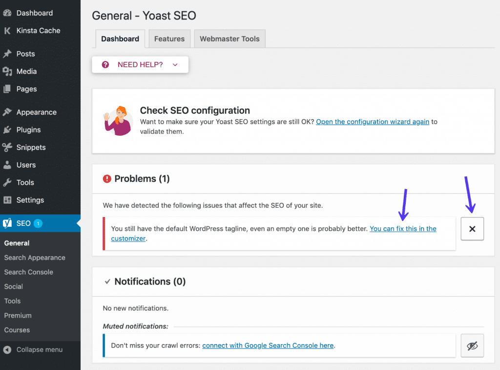 yoast seo dashboard notifications