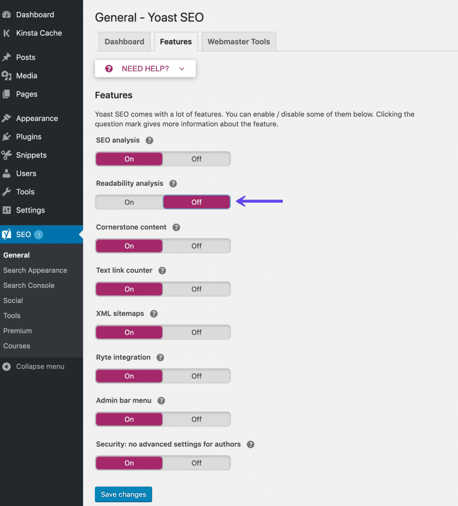 yoast seo features tab